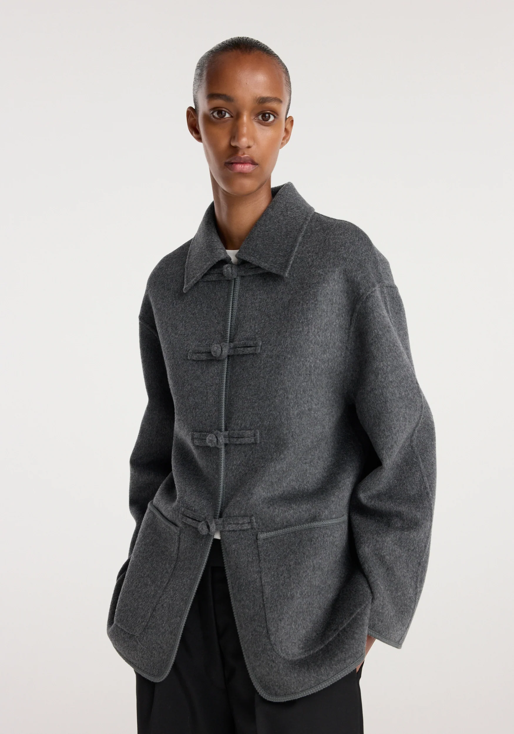 Double-faced wool pankou closure jacket | dark grey melange - Image 2
