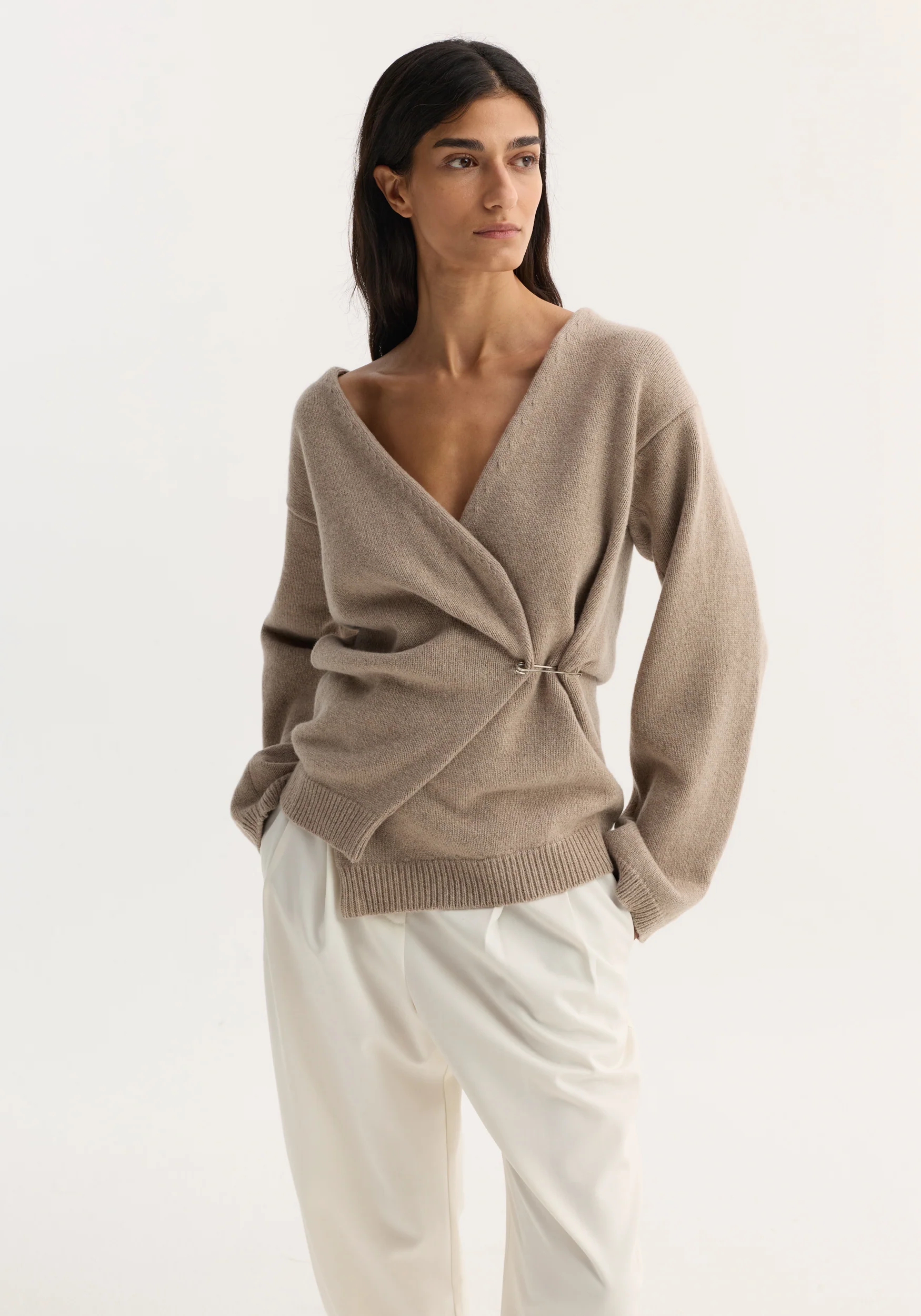 Off-shoulder wrap cardigan | light taupe - Image 2