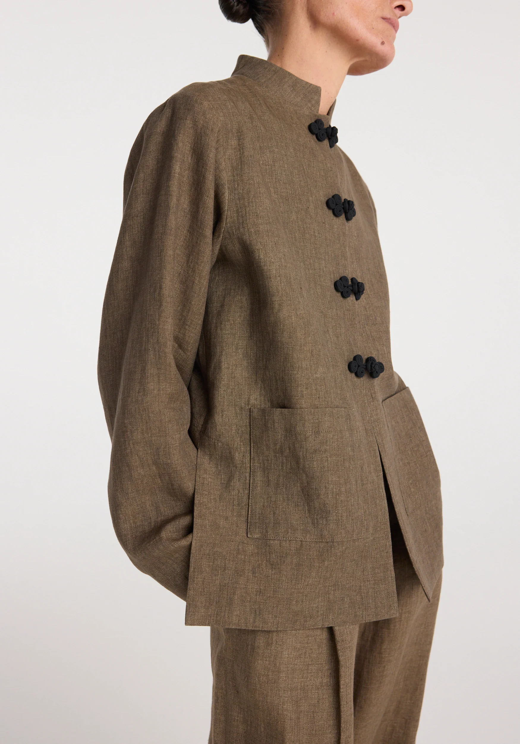 Pankou closure linen jacket | brown melange - Image 4