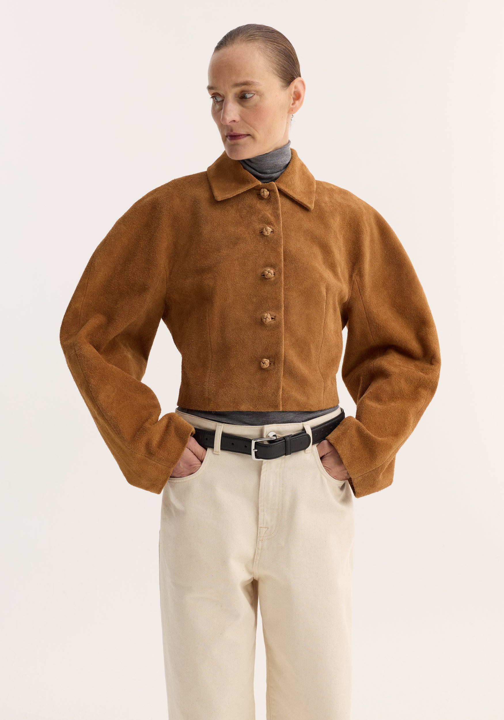 Rounded textured suede jacket | cognac - Image 3