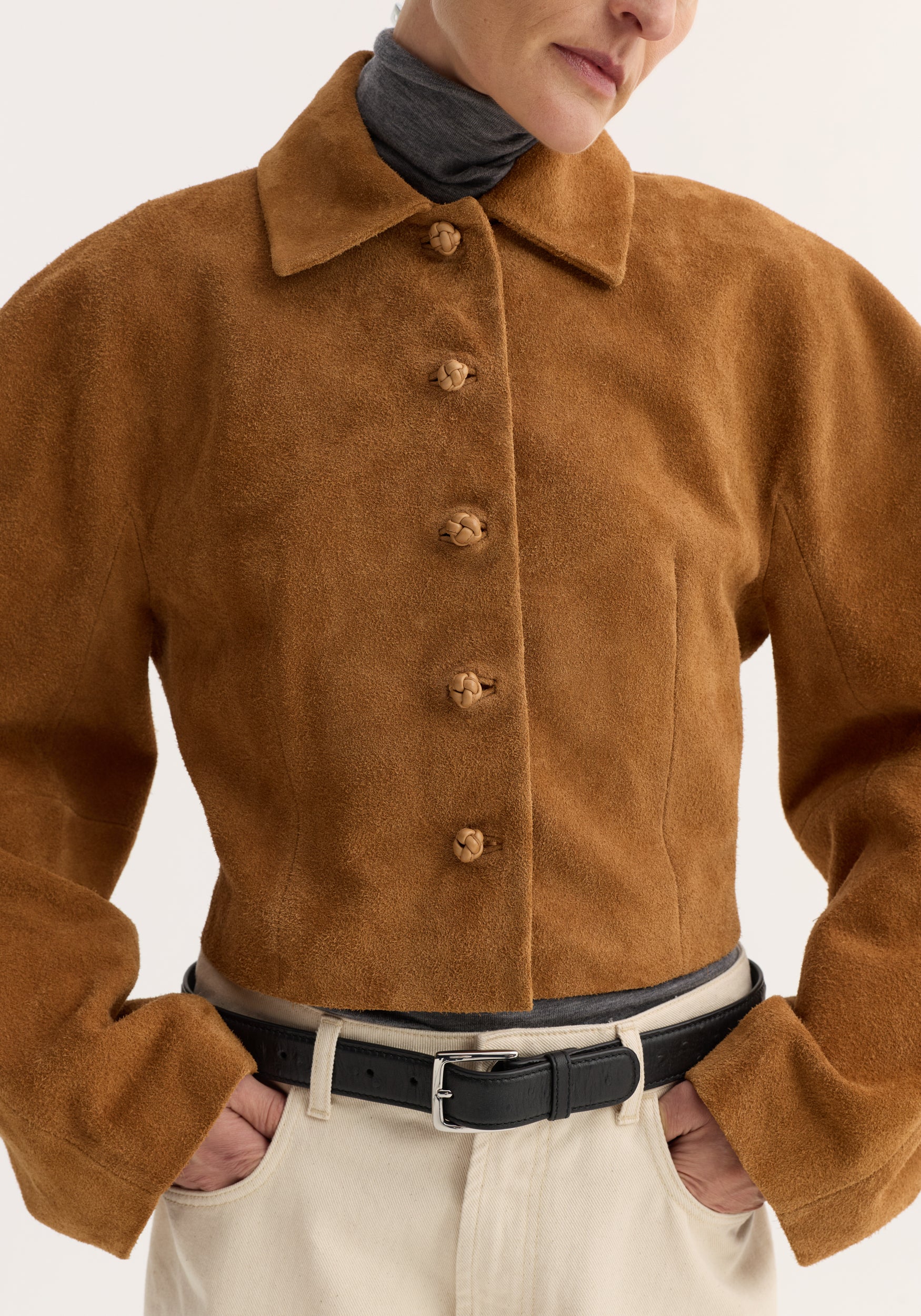 Rounded textured suede jacket | cognac - Image 4