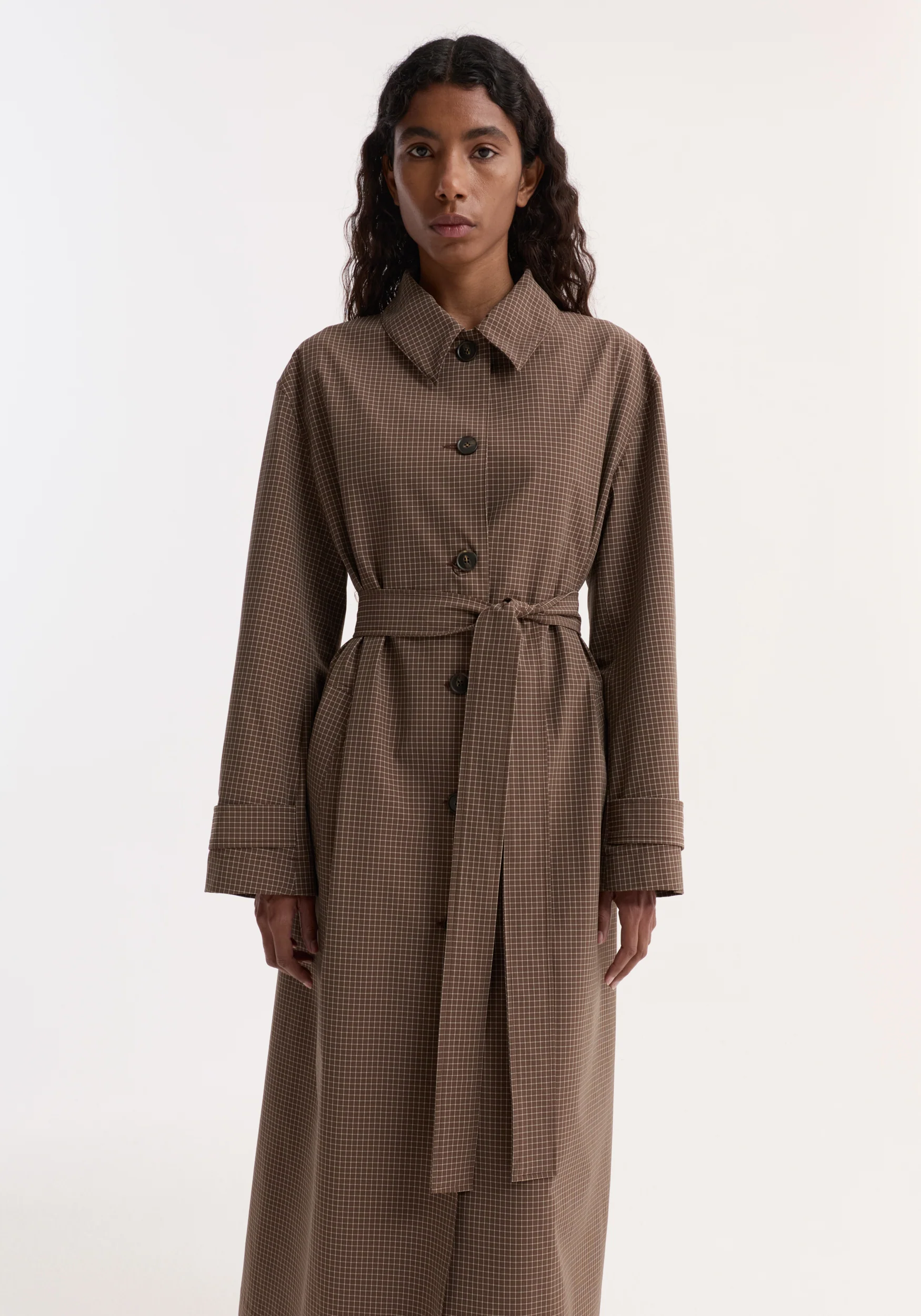Technical check belted coat | brown multi check - Image 3