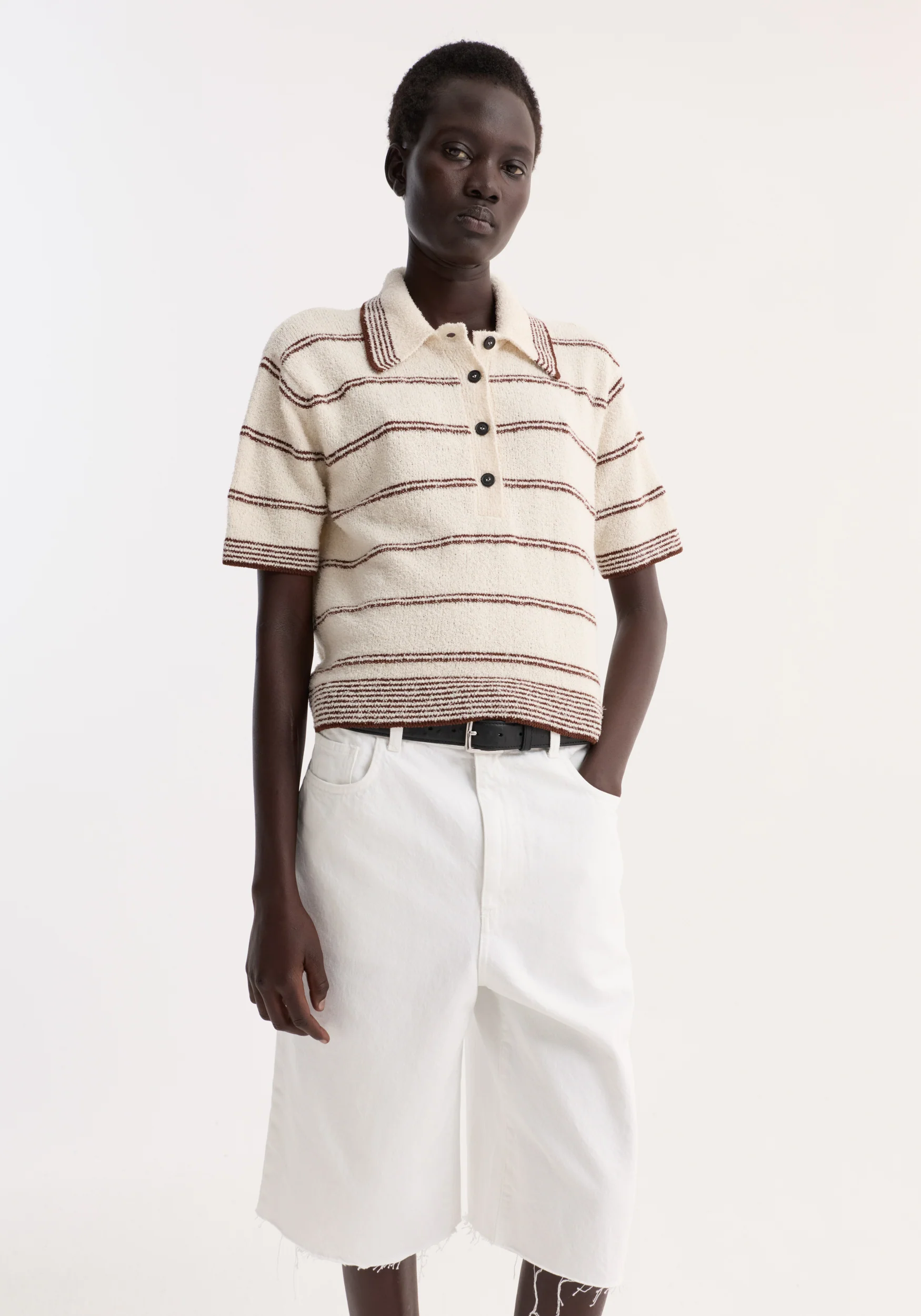 Towelling striped polo | cream / brown stripe - Image 3
