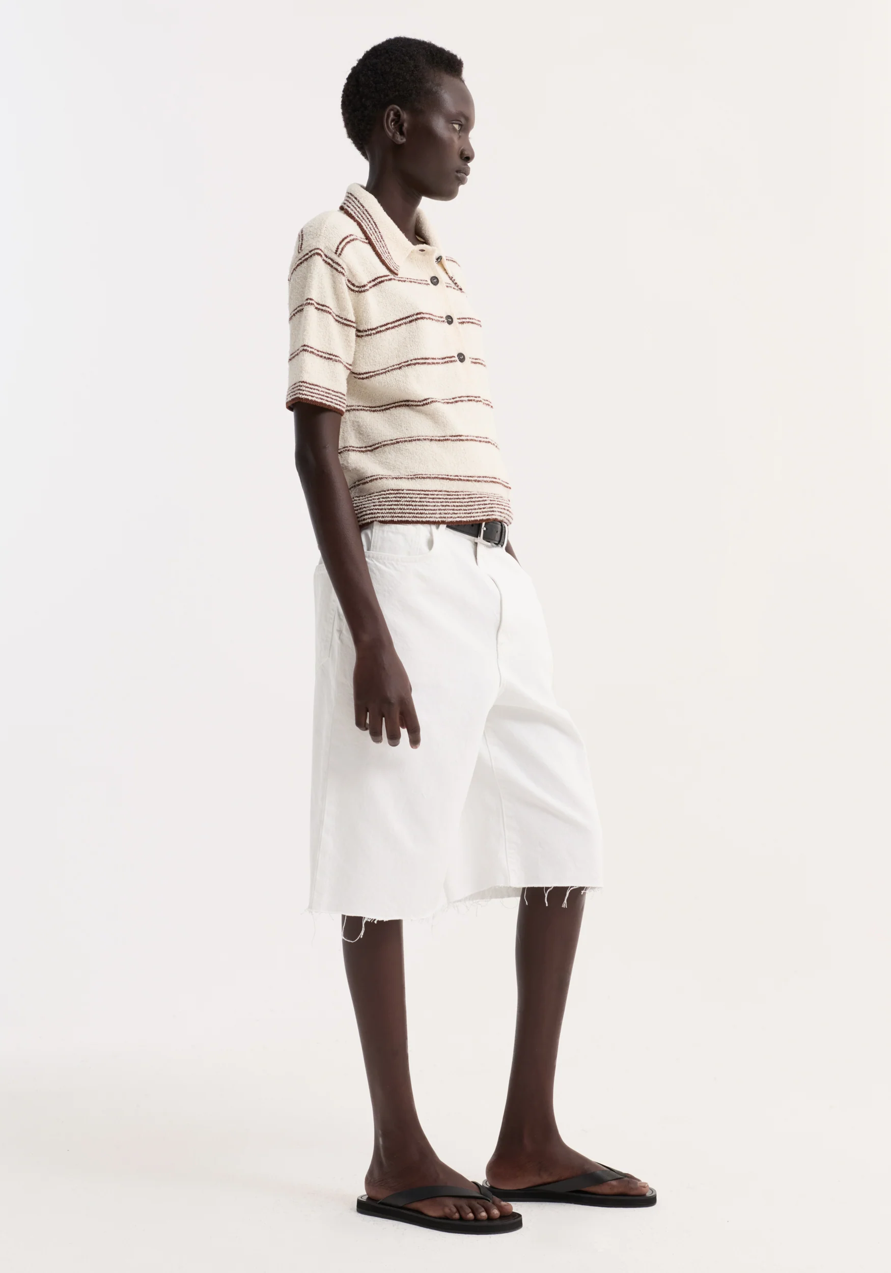 Towelling striped polo | cream / brown stripe - Image 5